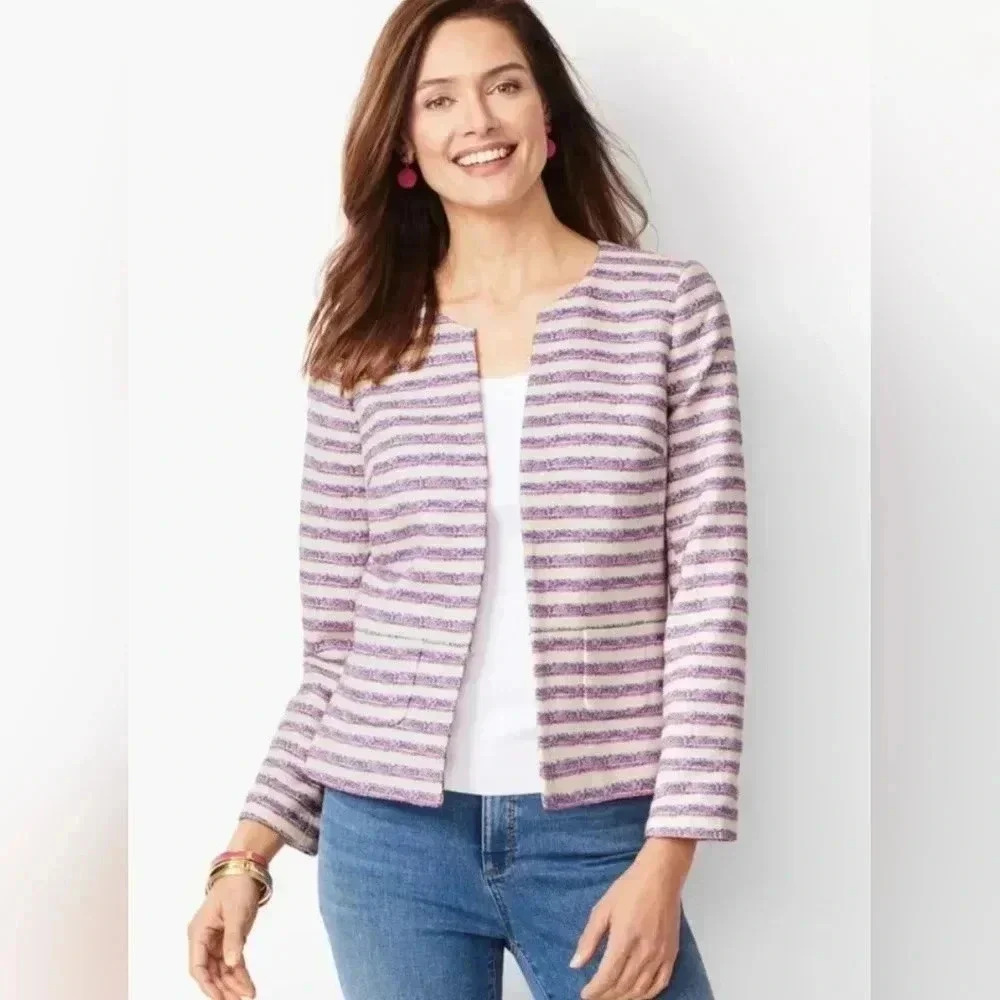 Talbots Palazzo Stripe Blazer Purple Pink White Peplum business casual Size 2P - Picture 2 of 4